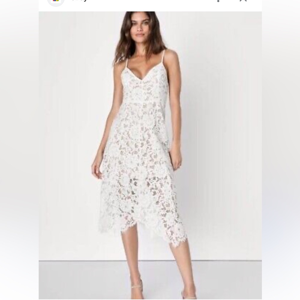 Lulu’s White lace wedding cocktail dinner midi dress women size Medium
